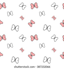 black white pink cartoon butterflies seamless vector pattern background illustration