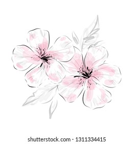 Black and white with pink color abstract flowers vector sketch.