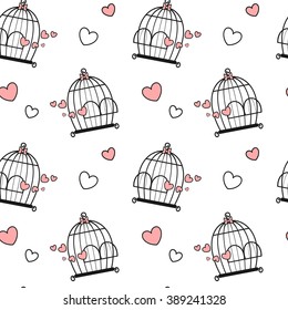 black white pink cute lovely cartoon birdcage with hearts seamless vector pattern background illustration