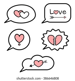 black white pink speech bubbles design element vector set with hearts love words and love symbol.