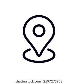 Black and white pinpoint icon representing a location or navigation feature, simple and clean design.
