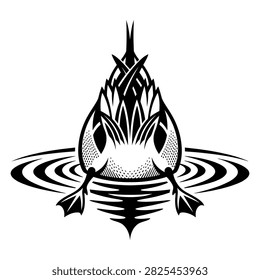 Black and white pintail duck butt up for feeding, vector line art