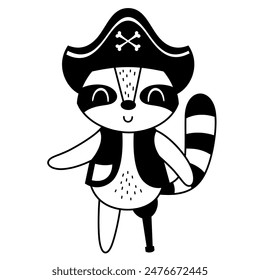 Black and white pirate animal clipart. Raccoon clipart. Pirate raccoon in cartoon flat style. Hand drawn vector illustration.