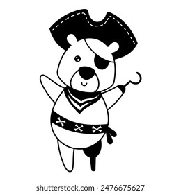 Black and white pirate animal clipart. Bear clipart. Pirate bear in cartoon flat style. Hand drawn vector illustration.