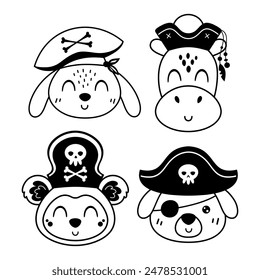 Black and white pirate clipart. Pirate animal faces clipart. Pirate animal head clip art in cartoon flat style. Hand drawn vector illustration.