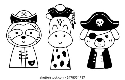 Clipart pirata blanco y negro. Pirata animal se enfrenta al Clipart. Clip de cabeza de animal pirata en estilo plano de dibujos animados. Ilustración vectorial dibujada a mano