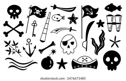 Black and white pirate clipart in cartoon flat style. Hand drawn vector illustration.