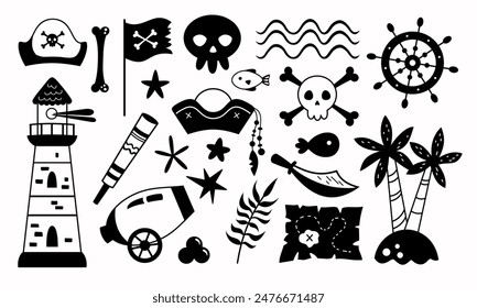 Clipart pirata blanco y negro en estilo plano de dibujos animados. Ilustración vectorial dibujada a mano