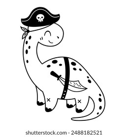 Black and white pirate clipart. Pirate dinosaur clipart. Dinosaur in cartoon flat style. Hand drawn vector illustration.