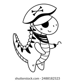 Black and white pirate clipart. Pirate dinosaur clipart. Dinosaur in cartoon flat style. Hand drawn vector illustration.