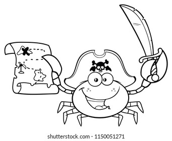 Black And White Pirate Crab Cartoon Mascot Character Holding A Treasure Map And Sword. Vector Illustration Isolated On White Background