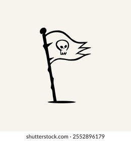 black and white pirate flag icon with skull and crossbones, waving in the wind. Perfect for adventure, danger, or nautical themes.