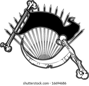 black and white pirate flag mounted on bone with bone scythe and spike rays vector illustration