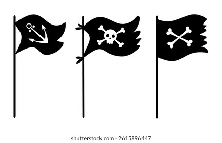 Black and white pirate flags clipart set, isolated hand drawn vector illustration