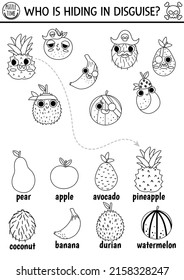 Schwarz-Weiß-Piratenfrucht Verstecken und suchen Spiel. Schatzinselsuche für Kinder. Abenteuer auf See suchen und finden Sie eine Zeile Arbeitsblatt. Einfache Druckspielseite oder Farbseite
