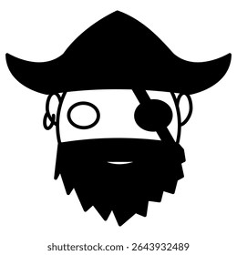 Cabeça pirata preta e branca com bandana, barba, brinco e chapéu é uma ilustração minimalista perfeita para temas náuticos, logotipos ou gráficos de aventura.