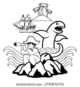 Black and white of pirate looking through telescope with shark and island palm trees