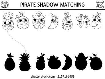 Actividad de coincidencia de sombras piratas blancas y negras. La isla del tesoro caza el rompecabezas de la línea con los piratas de la fruta. Buscar una hoja de cálculo imprimible de silueta correcta. Página de coloración de aventuras marítimas para niños
