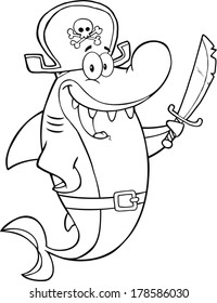 Black And White Pirate Shark Cartoon Character Holding A Sword. Vector Illustration Isolated on white