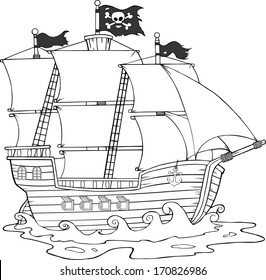 Black And White Pirate Ship Sailing Under Jolly Roger Flag. Vector Illustration