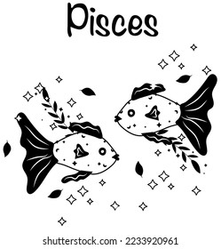 Black and white Pisces astrological sign. Funny Zodiac sign with colorful leaves and stars around. Pisces perfect for posters, logo, cards. Vector illustration.