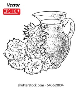 Black and white pitcher of  Fresh pineapple Juice, fruit,  isolated on white background vector illustration