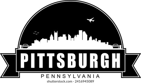 Black and white Pittsburgh Pennsylvania buildings skyline negative air space silhouette dome shaped emblem with scroll banner below and name text inside. Vector eps graphic design.