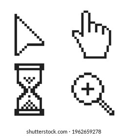Black and white pixel arrow, hand, magnifier and hourglass pixel mouse cursor icons vector illustration set flat style design isolated on white background.
