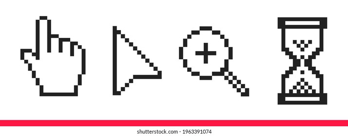 Black and white pixel arrow, hand, magnifier and hourglass pixel mouse cursor icons vector illustration set flat style design isolated on white background.