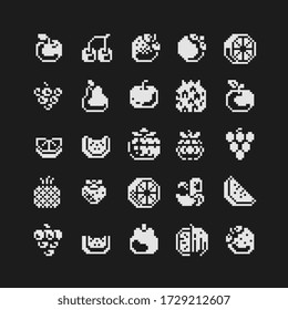 Black and white pixel art 1-bit fruits icons set, strawberries, pear, grapes, banana, apple, pineapple and cherry. Design for logo, sticker and mobile app. Isolated vector illustration.
