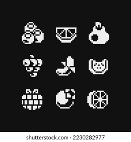 Black and white pixel art 1-bit fruits icons set, pear, grape, banana, apple, mangosteen, blueberry and raspberry. Design for logo, sticker and mobile app. Isolated vector illustration.