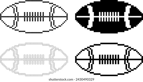 black white Pixel art american football ball icon set