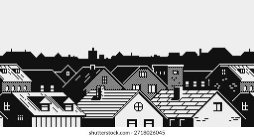 Paisagem urbana em pixel preto e branco com telhados e horizonte urbano. Fundo retro 8bit para jogos, interfaces, projetos indie, nível de design, ambientes digitais nostálgicos.