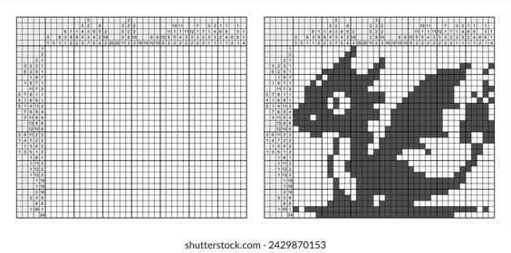 Black and white pixel art Dragon.  Japanese crossword puzzle. Kids and adult mathematical mosaic. Nonogram. Logic puzzle game. Digital rebus. Vector illustration