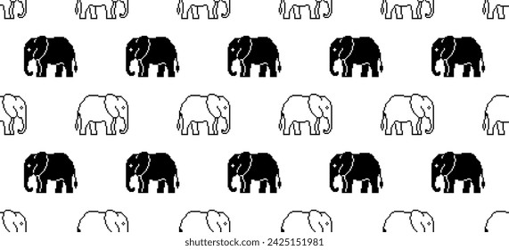 black white pixel art elephant seamless pattern