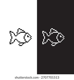 black and white pixel art fish 8 bit vector icon art for computer game	