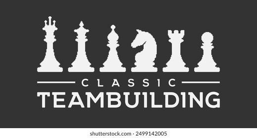 Black and white pixel art flat simple vector illustration of classic teambuilding chess pieces emblem. 8bit retro video game style. Chess pieces king, queen, bishop, knight, rook, castle, pawn