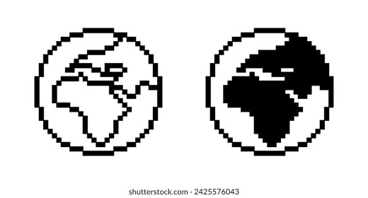 black white pixel art globe icon isolated on white background