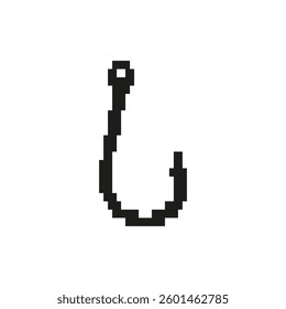 Black and white pixel art of a hook, designed with simplicity for a clean and iconic look.