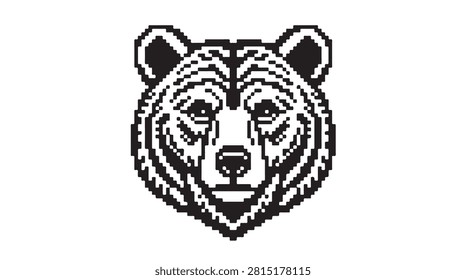 A black and white pixel art illustration of a bear's head.
