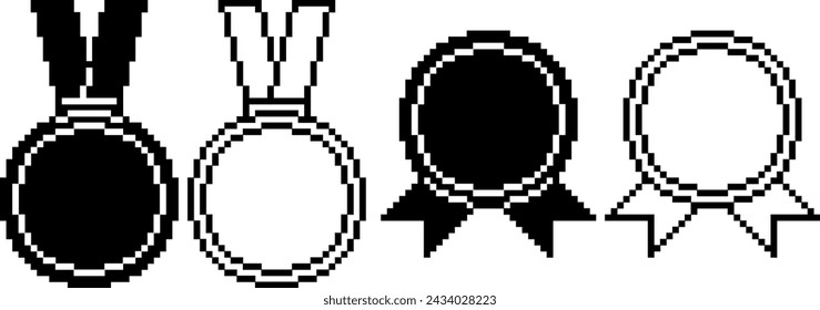 black white pixel art medal icon set