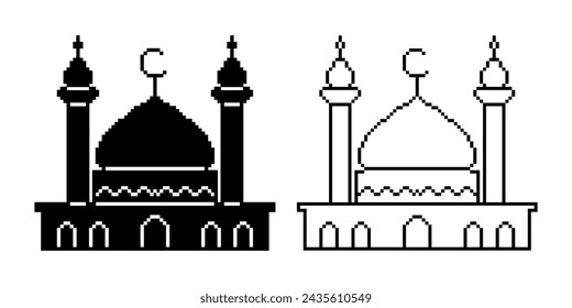 black white pixel art mosque icon set isolated on white background