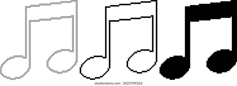 black white pixel art note music icon set