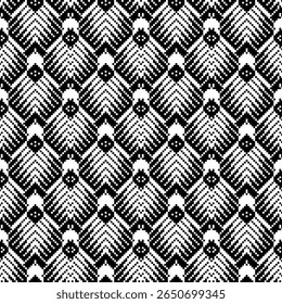 design de padrão de arte de pixel preto e branco com triângulos e quadrados. O projeto é muito intrincado e detalhado.