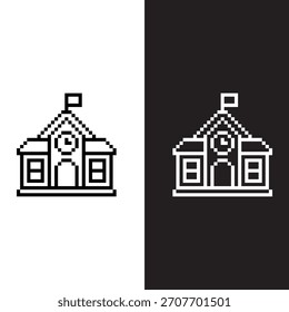 black and white pixel art school building 8 bit vector icon art for computer game	