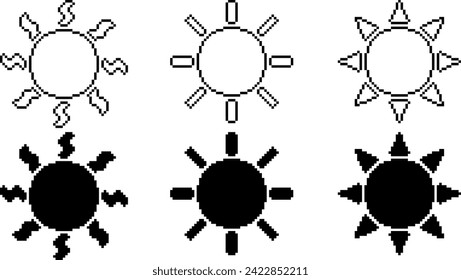 black white pixel art sun icon set