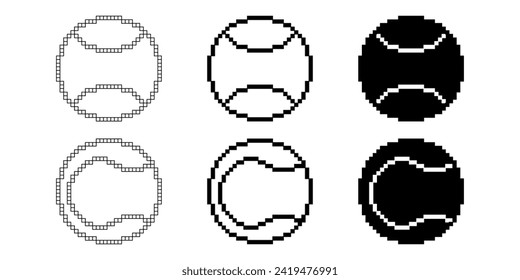 black white pixel art tennis ball icon isolated on white background