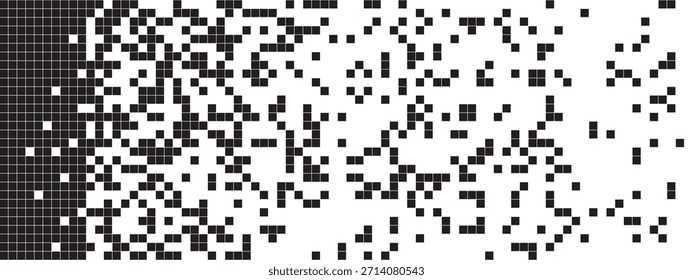 Fondo de píxeles en blanco y negro con efecto de desfragmentación. Patrón con Formas cuadradas en disposición aleatoria. Concepto de proceso de disolución, destrucción o dispersión. Vector ilustración gráfica.
