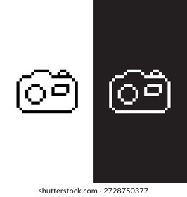 Pixel blanco y negro cámara 8 bits Vector icono arte para el juego de ordenador	
