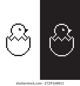 black and white pixel chicken in an egg 8 bit vector icon art for computer game	